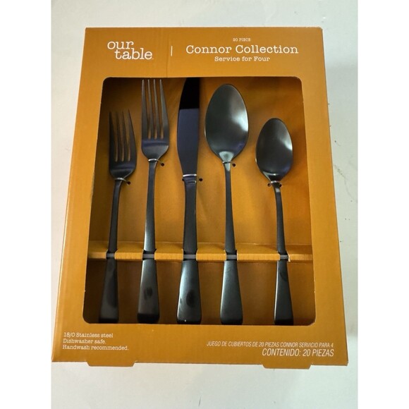 Our Table 20 Piece Flatware Set 18/0 Stainless Steel Black Connor Collection New - Picture 1 of 2
